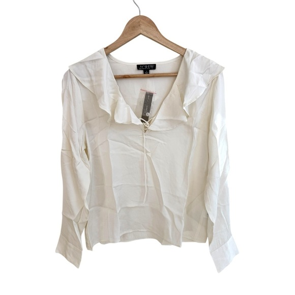 J Crew Goldie Top in Ivory Satin Long Sleeve Ruffle V Neck Womens Size S - Picture 2 of 13